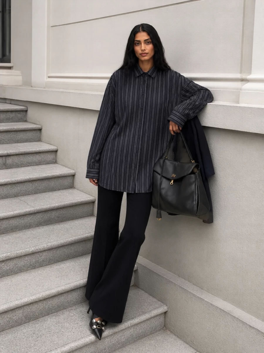 Balenciaga striped shirt black flared trousers