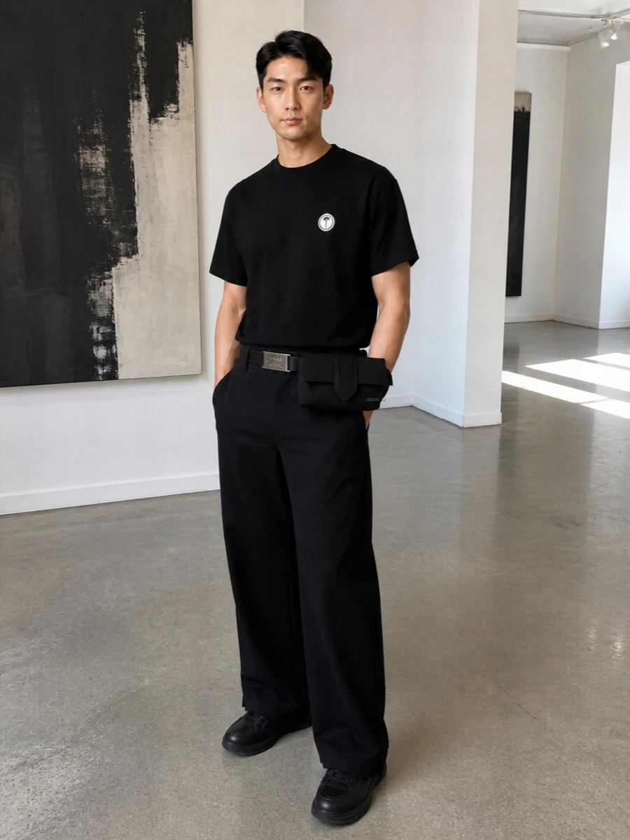 Palm angels black tee wide leg trousers outfit