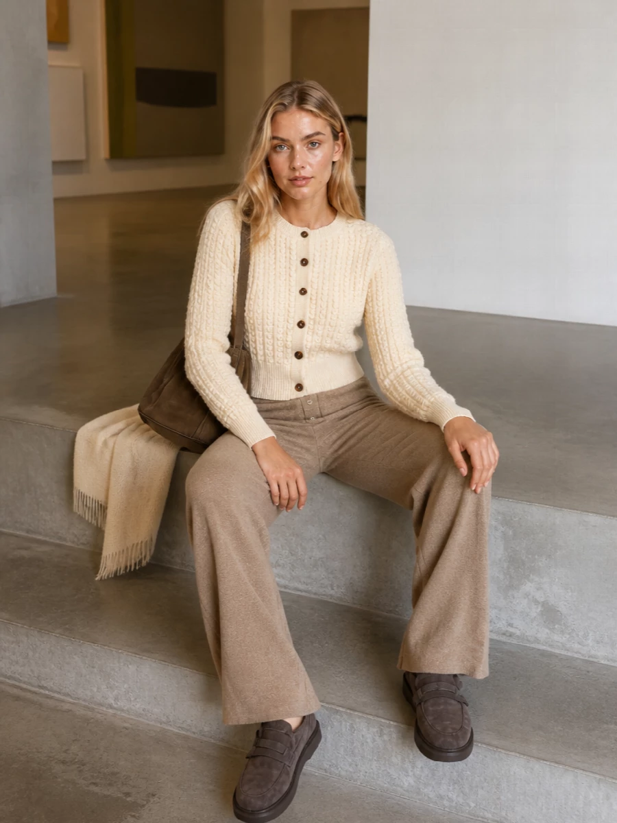 Loulou studio cardigan camel wide leg knit pants