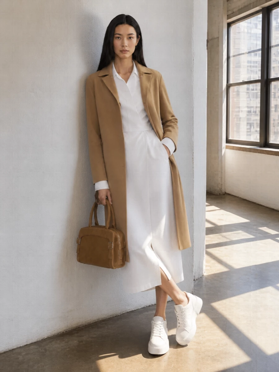 I chose the dress path so the Max Mara wrap shirt dress can work with the Herno coat as a clean two-piece answer to polished warm-weather days, avoiding the heaviness of coat plus full tailoring underneath. The crisp white midi and camel coat create a precise, elongated column, while the refined platform sneaker keeps it convincingly modern for city walking. A structured camel top-handle bag closes it off as a quietly powerful daytime ensemble that can move from meetings to dinner with only a jewellery change.