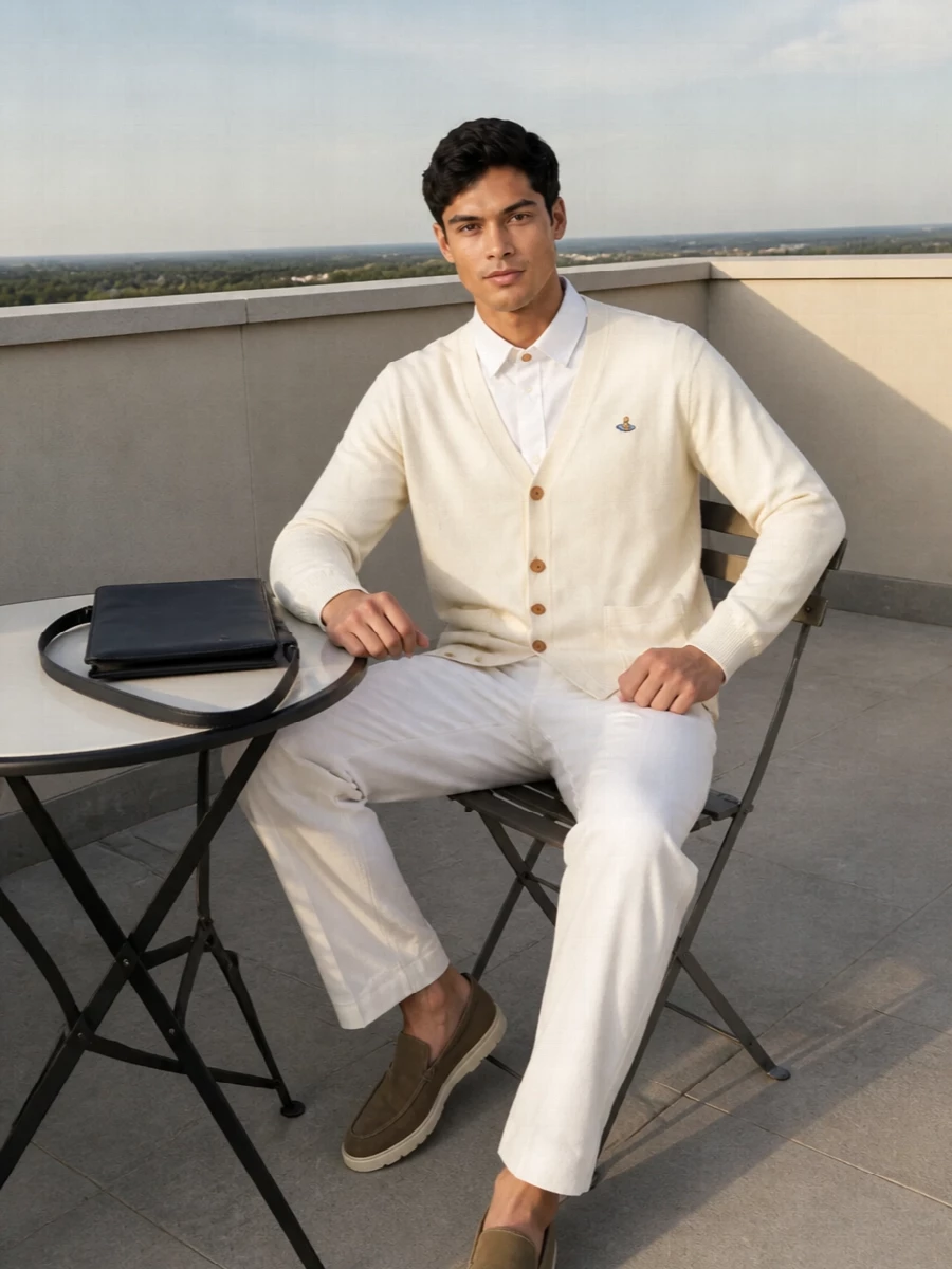 This is a softly tonal summer outfit built around Vivienne Westwood’s cream cardigan, grounded with an equally clean white short sleeve shirt and ivory straight-leg trousers. Taupe Tod’s driving loafers and a slim navy Jil Sander crossbody keep the mood calm and precise, adding just enough contrast for definition without breaking the quiet, preppy luxury story. The result is an easy desk-to-dinner uniform that feels relaxed yet considered in warm weather.