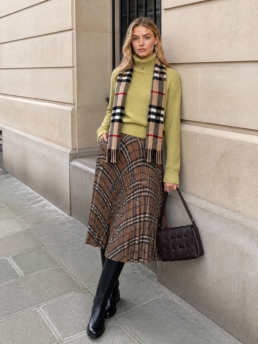 Burberry turtleneck check midi skirt outfit