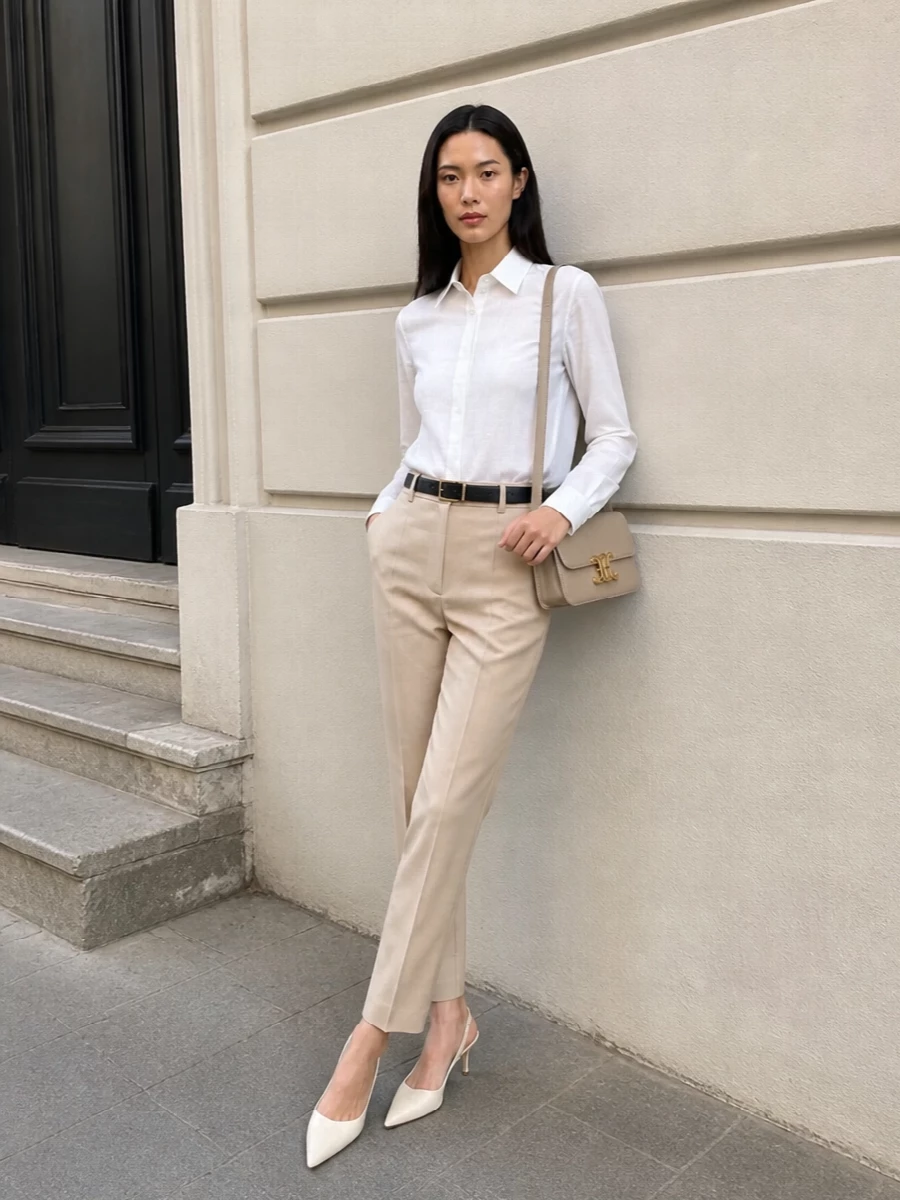 Warm beige tailored trousers are paired with an impeccably crisp white concealed-placket shirt for a clean, elongated line that feels both modern and quietly luxurious. Cream slingback pumps and a compact beige Celine shoulder bag keep the palette soft and tonal, while a slim black belt adds just enough definition and polish for an elevated SS office or city look. The result is a refined, minimal uniform that reads effortless yet thoroughly considered.