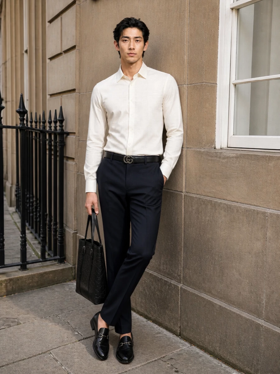 Gucci ivory shirt navy trousers black loafers