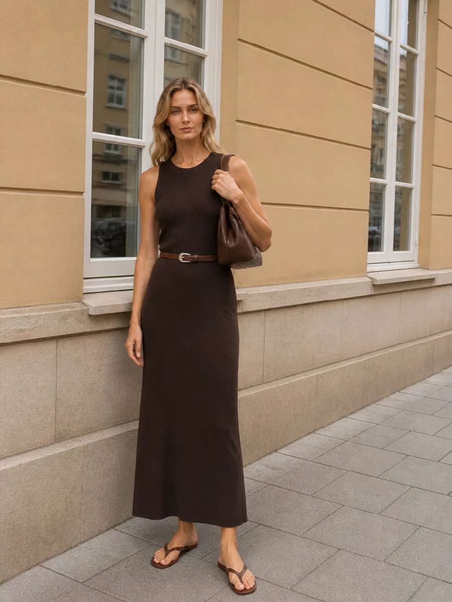 A head-to-toe chocolate palette keeps the column dress incredibly clean, with flat leather slides reinforcing that calm, grounded ease. A matching pleated clutch adds a sculptural accent, while a slim belt is there if you want to gently define the waist without disturbing the long line. The result is warm, minimal and quietly confident from daytime errands to low-key dinners by the water.
