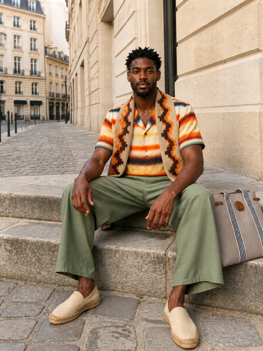 Loewe camp shirt sage shorts espadrilles
