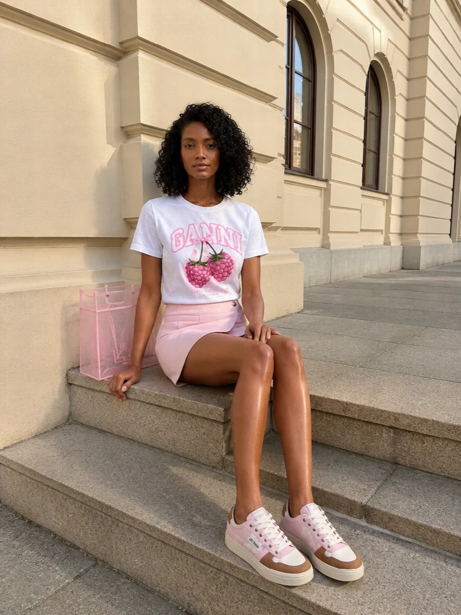 Candy-bright and easy, this mix pairs the graphic Ganni tee with a powdery pink wrap mini for a short, sharp silhouette that still feels relaxed. Soft pink Autry sneakers keep it grounded in streetwear, while the translucent Off-White tote adds a modern, playful twist that mirrors the tee’s sweetness. It is an upbeat city combo made for sunny days and late-afternoon hangs.