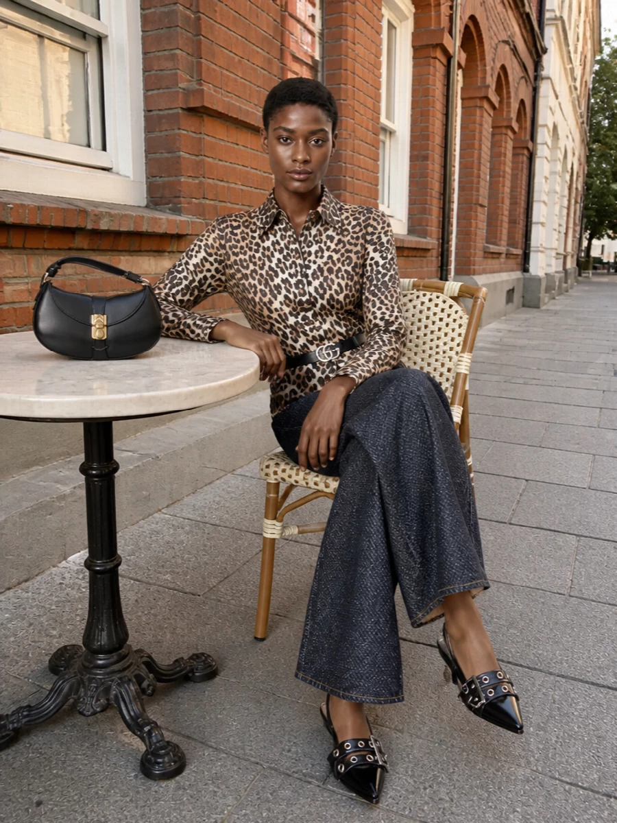 Ganni’s leopard shirt stays front and center, grounded by dark wide-leg denim that keeps the drama focused up top. Sleek pointed slingbacks and a curved black shoulder bag bring a sharper, city edge, while a slim dark belt subtly defines the waist so the volume feels intentional rather than oversized.