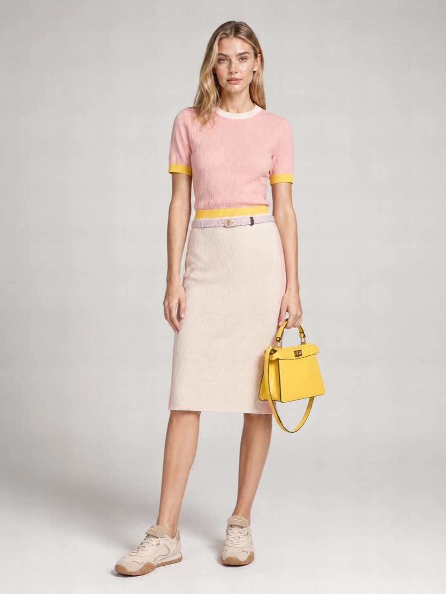 Fendi Silk Blend Ribbed Short-Sleeve Crewneck Knitted Top