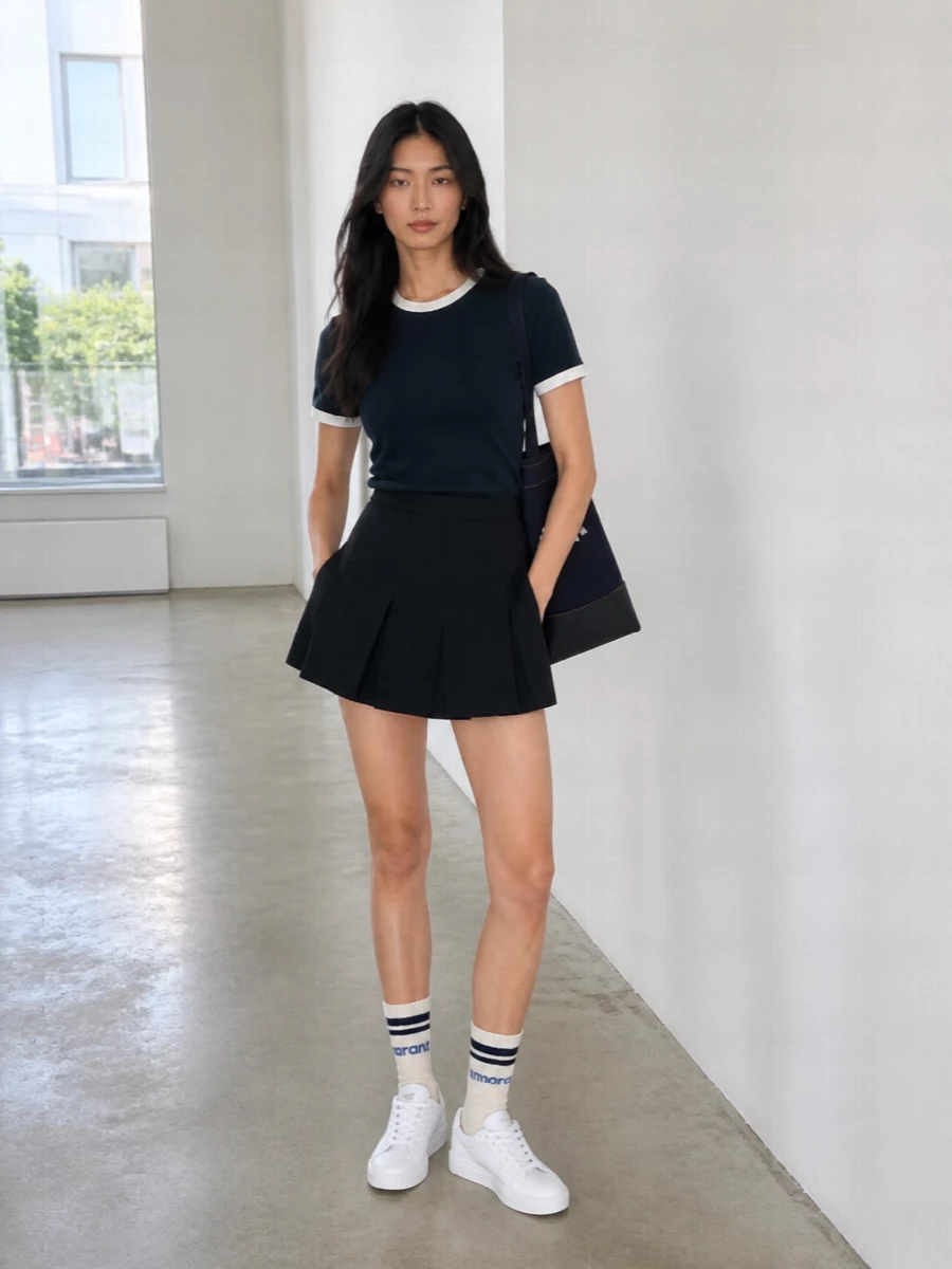 Navy and white stay front and center here, with the pleated mini echoing the tee’s sporty trim for a clean, modern preppy feel. White sneakers and a structured navy tote keep it easy for everyday, while striped socks add a subtle borrowed-from-varsity twist. The proportions stay light and leggy, ideal for warm city days when you still want something neat and intentional.