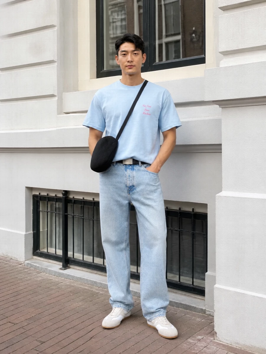 Drole jeans pale blue tee dries trainers