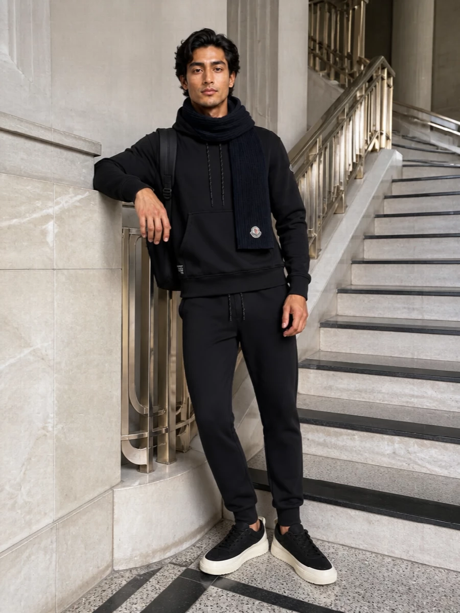 Moncler black hoodie tapered joggers outfit