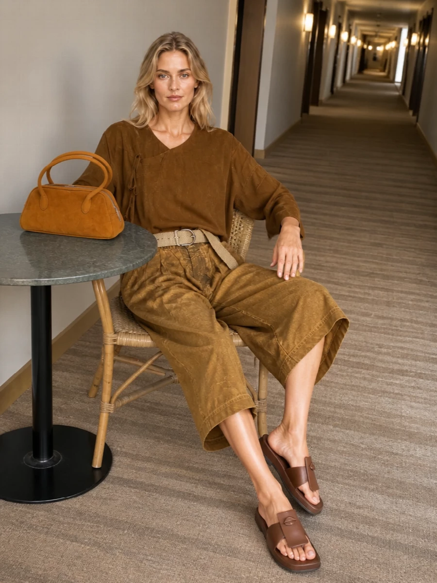 Uma Wang’s antique-gold cropped trouser is paired with a loose tobacco asymmetric tunic for a tonal, gallery-ready mix of texture and volume. Sculptural chocolate slides keep the mood grounded and modern, while a burnt-caramel suede baguette and a softly braided belt introduce subtle structure and warmth. The result is relaxed, artful quiet luxury that works from daytime exhibitions to dinner without a change of clothes.