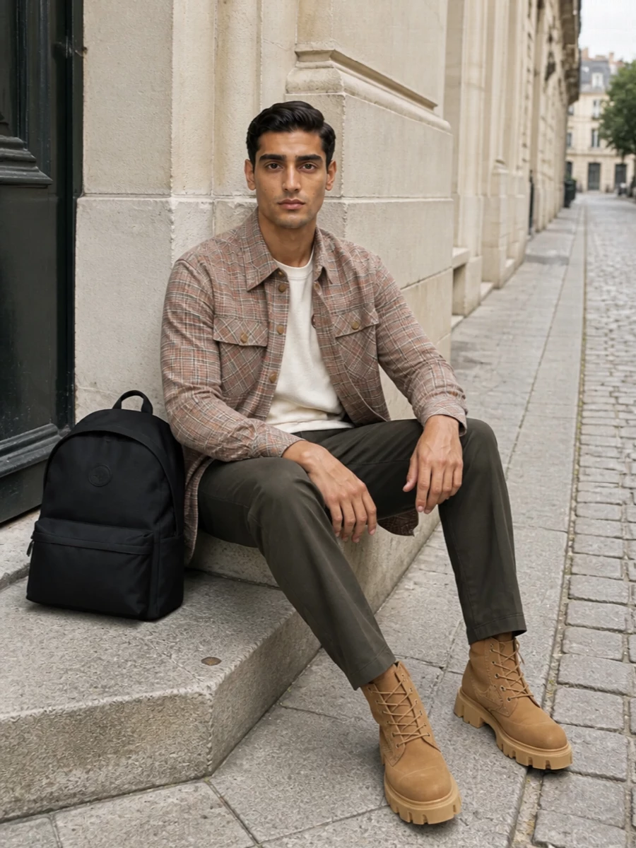Moncler plaid overshirt chinos camel boots