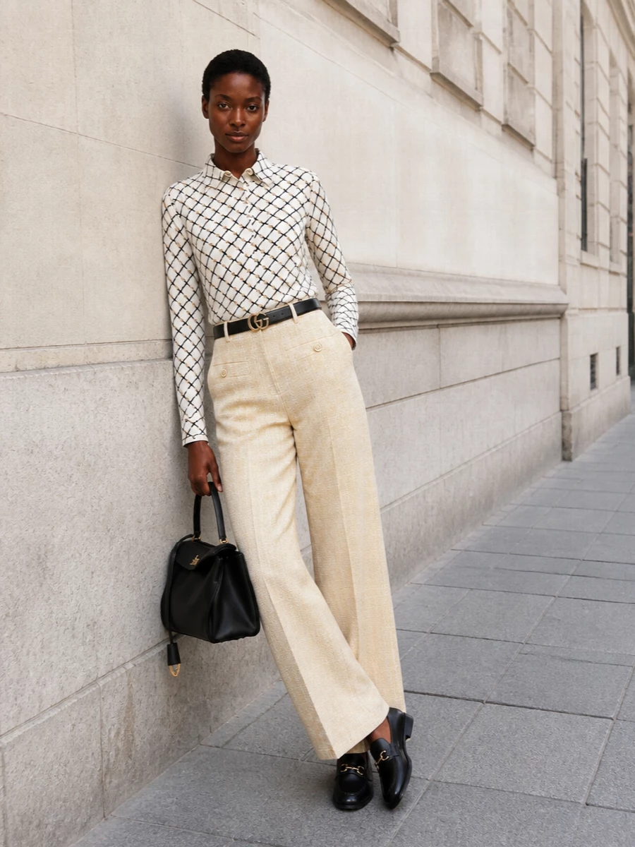 Gucci chain print shirt wide leg beige trousers