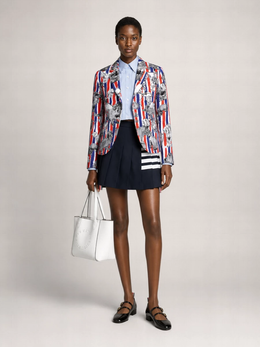 Thom Browne Silk Striped Logo Print Single-Breasted Long-Sleeve Blazer