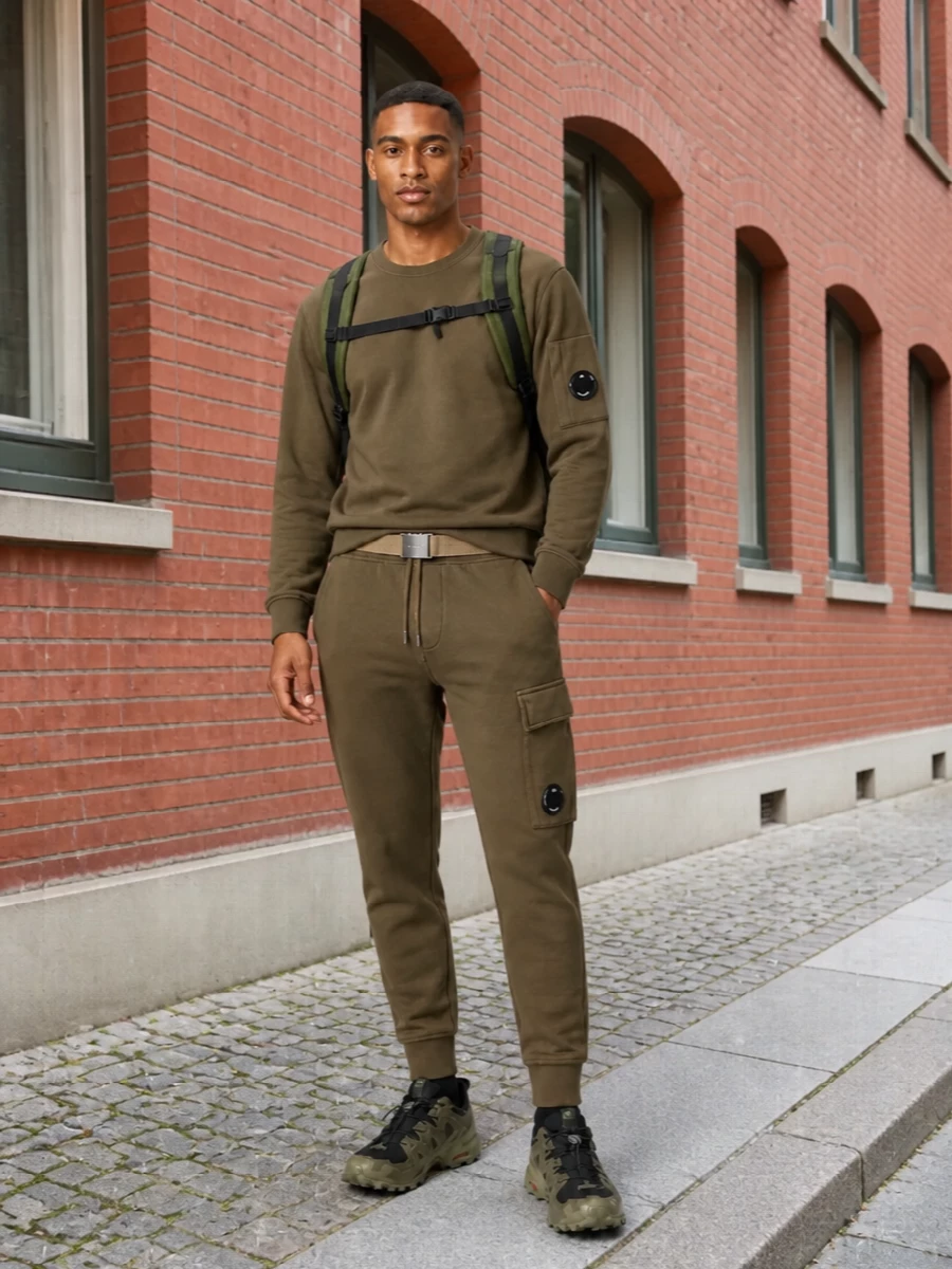 Head to toe olive keeps this C.P. Company jogger set feeling intentional, with the matching crewneck turning it into a streamlined uniform rather than just sweats. Salomon trail runners and a technical backpack push the sport‑utility mood, ready for wet pavements, airport gates or long city days. The sand webbing belt is the only contrast note, giving a hint of structure while keeping everything relaxed and functional.