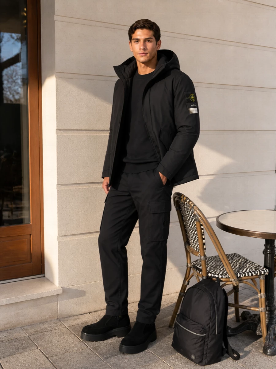 Stone island black jacket cargo pants outfit