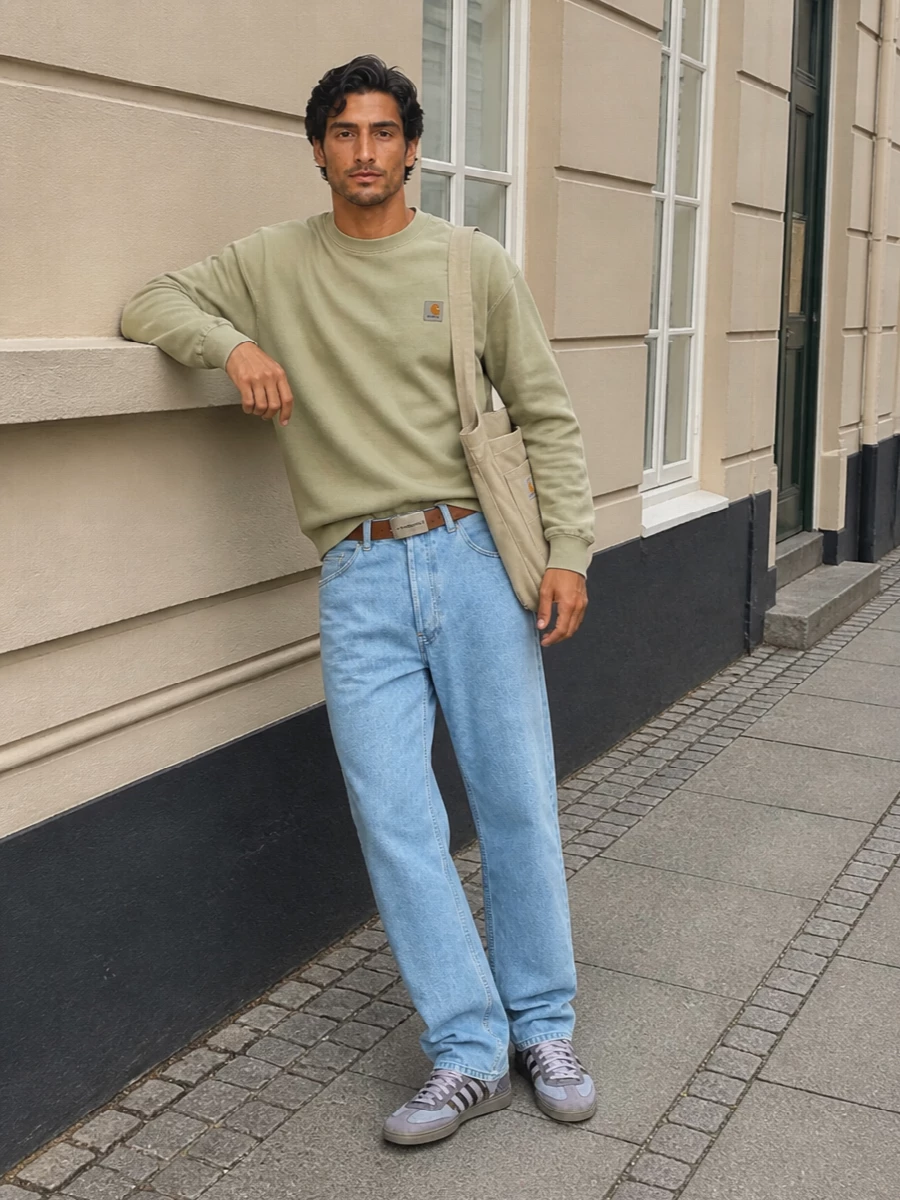 Carhartt jeans sage sweatshirt adidas trainers