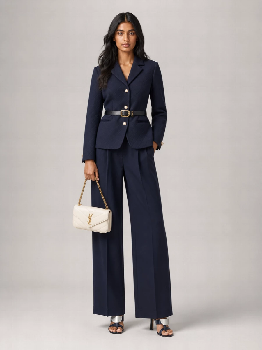 Deep navy tailoring stays calm and composed, grounded by wide-leg trousers that give the blazer a longer, more relaxed proportion. Ink leather heels and a cream flap bag introduce just enough contrast and shine, while a slim navy belt sharpens the waist without disturbing the quiet mood. It is a polished, gallery-to-dinner combination that feels intentional yet understated in every detail.
