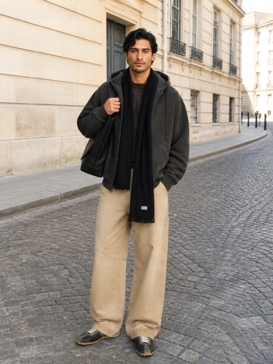Sand Margiela cargos sit wide and relaxed, pooled over sleek dark sneakers, while a washed charcoal hoodie builds a softly oversized block on top. A structured black tote and matching scarf sharpen the palette, so the outfit feels considered rather than casual. The result is a quiet, utilitarian street ensemble that leans into volume without losing control of the lines.