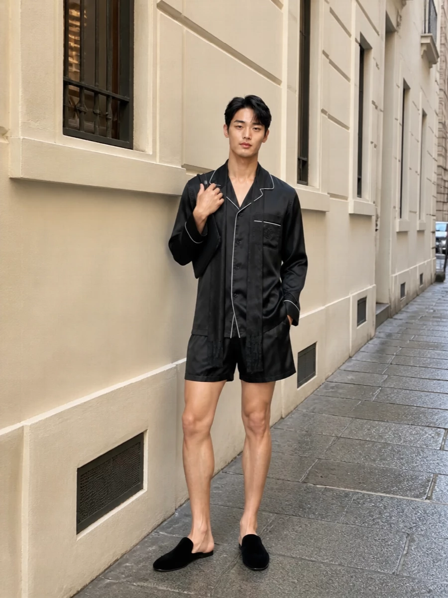 Dolce&Gabbana’s black satin pajama shirt is paired with matching satin boxer shorts and rich black velvet slippers for a curated, camera-ready form of loungewear. A slim black evening scarf and softly structured clutch keep everything polished but intimate, so the outfit feels as considered as a dinner suit yet relaxed enough for private evenings in or discreet hotel-bar nights. The all-black, tactile mix of satin and velvet leans into quiet luxury, relying on texture and proportion rather than overt branding.