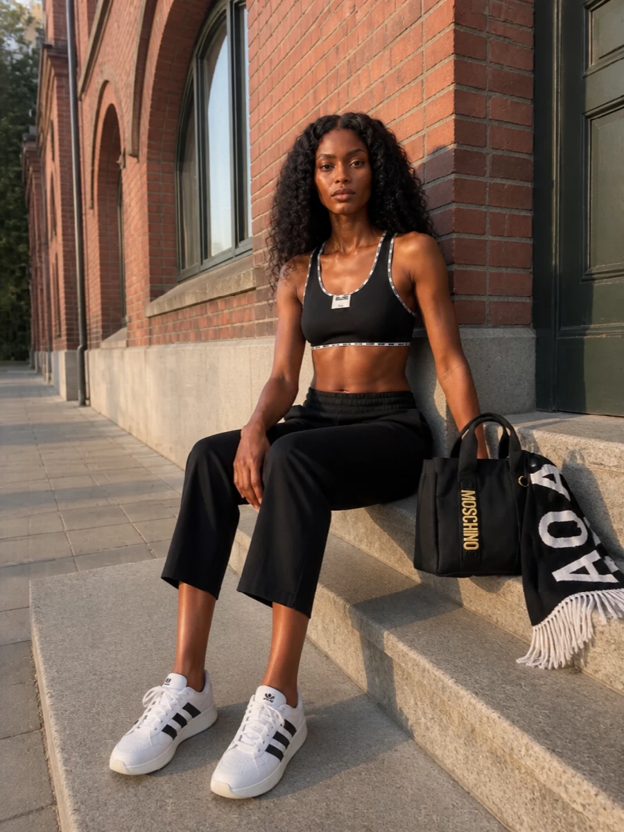 Moschino black sports bra track pants outfit