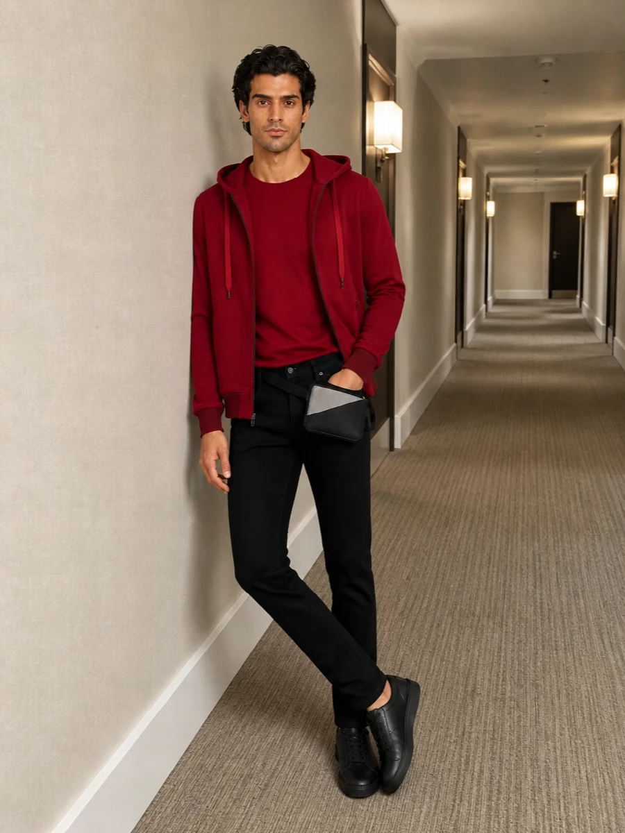 Dolce gabbana red hoodie black jeans outfit