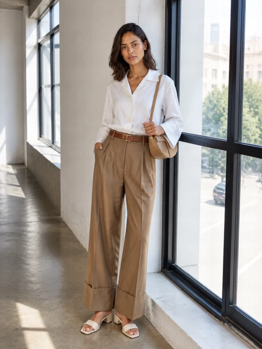 Darkpark camel trousers white shirt cream mules