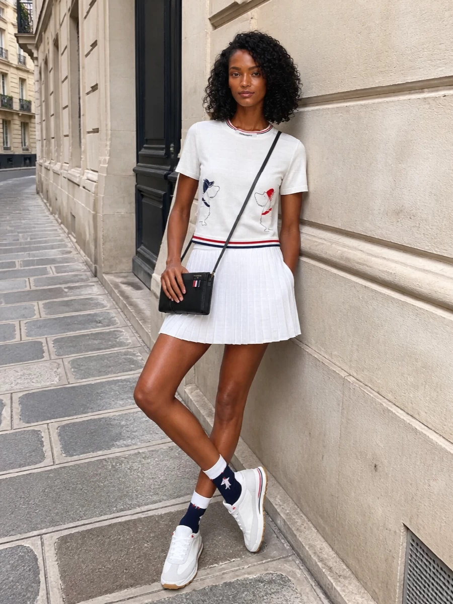 This look leans into Thom Browne’s playful prep: the dachshund tee sits over a crisp white pleated mini, giving a clean, tennis-club silhouette in soft white, navy and scarlet. Optic-white runners and navy ankle socks keep it light, athletic and witty, while the structured black crossbody sharpens the finish without disturbing the off-duty ease. It’s an elevated SS city or resort uniform that feels polished but never too serious.
