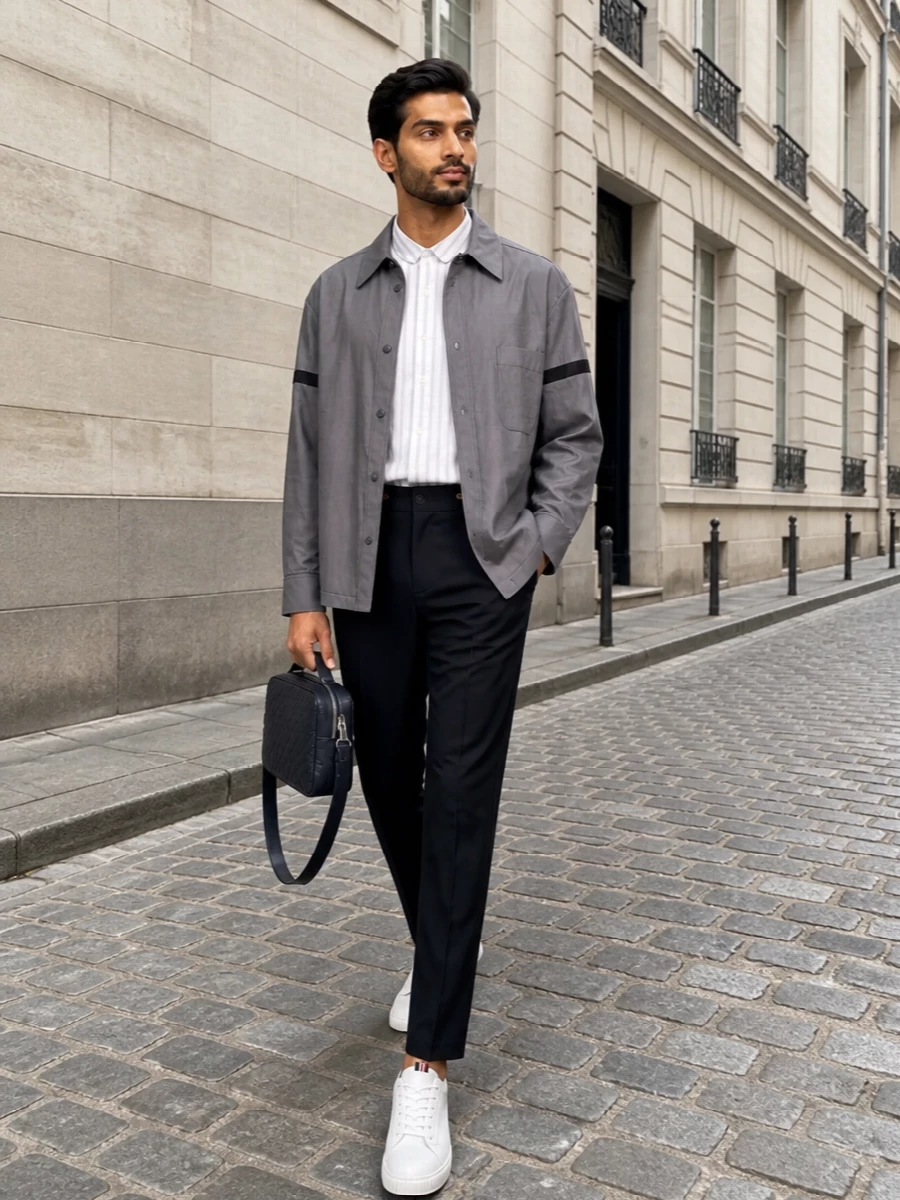 Thom browne shirt jacket navy trousers outfit