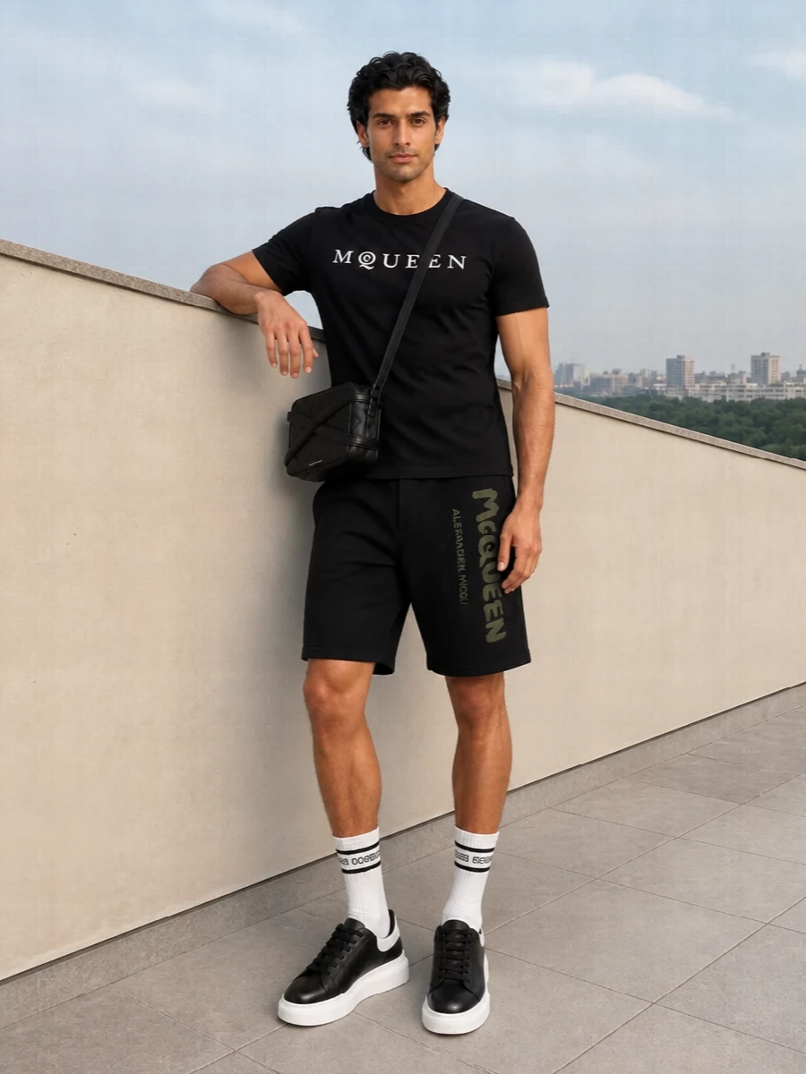 Alexander mcqueen black logo shorts streetwear outfit