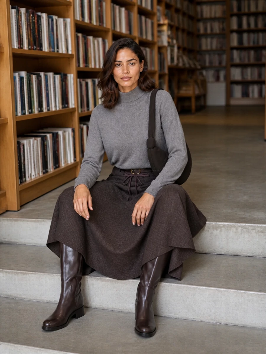 Our legacy midi skirt taupe sweater tall boots