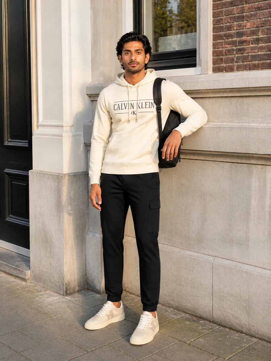 Calvin klein cream hoodie black joggers sneakers