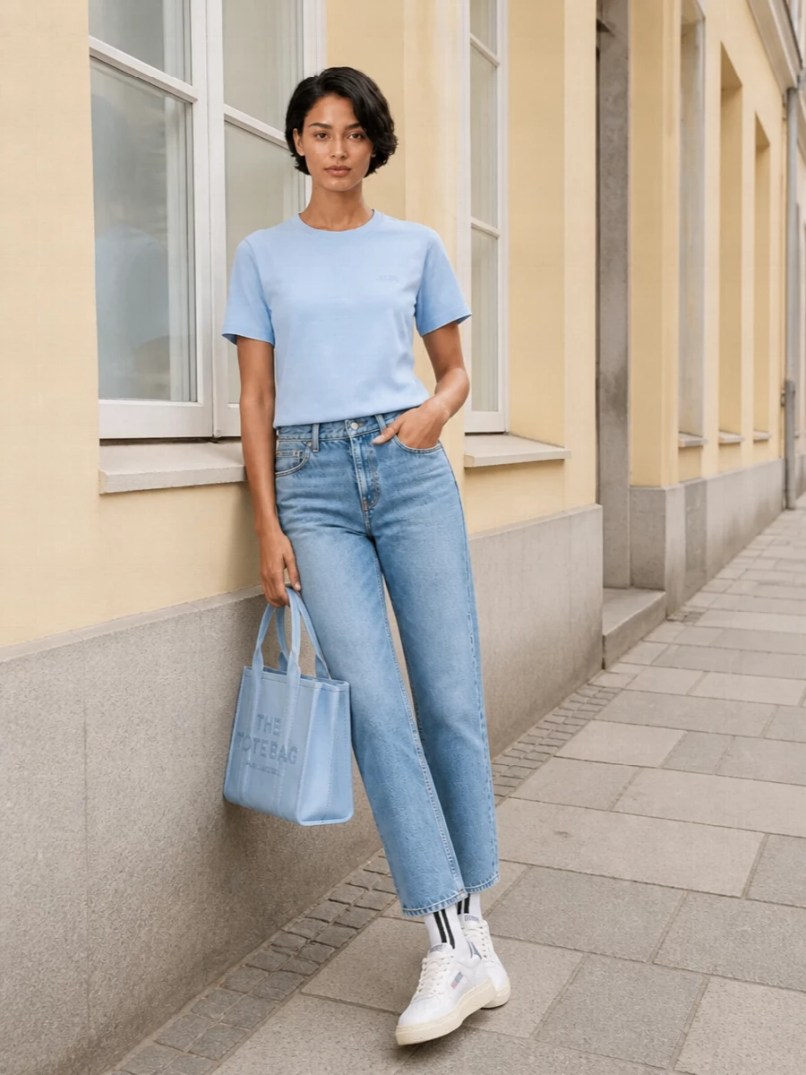 Sky blue and soft denim keep this Autry tee grounded in a clean, easy palette, while the Totême jeans give the outfit a straighter, more intentional line. Retro-court sneakers and the matching blue tote lean into a relaxed, city-sport energy, with striped socks adding just enough graphic edge without disturbing the minimal mood.
