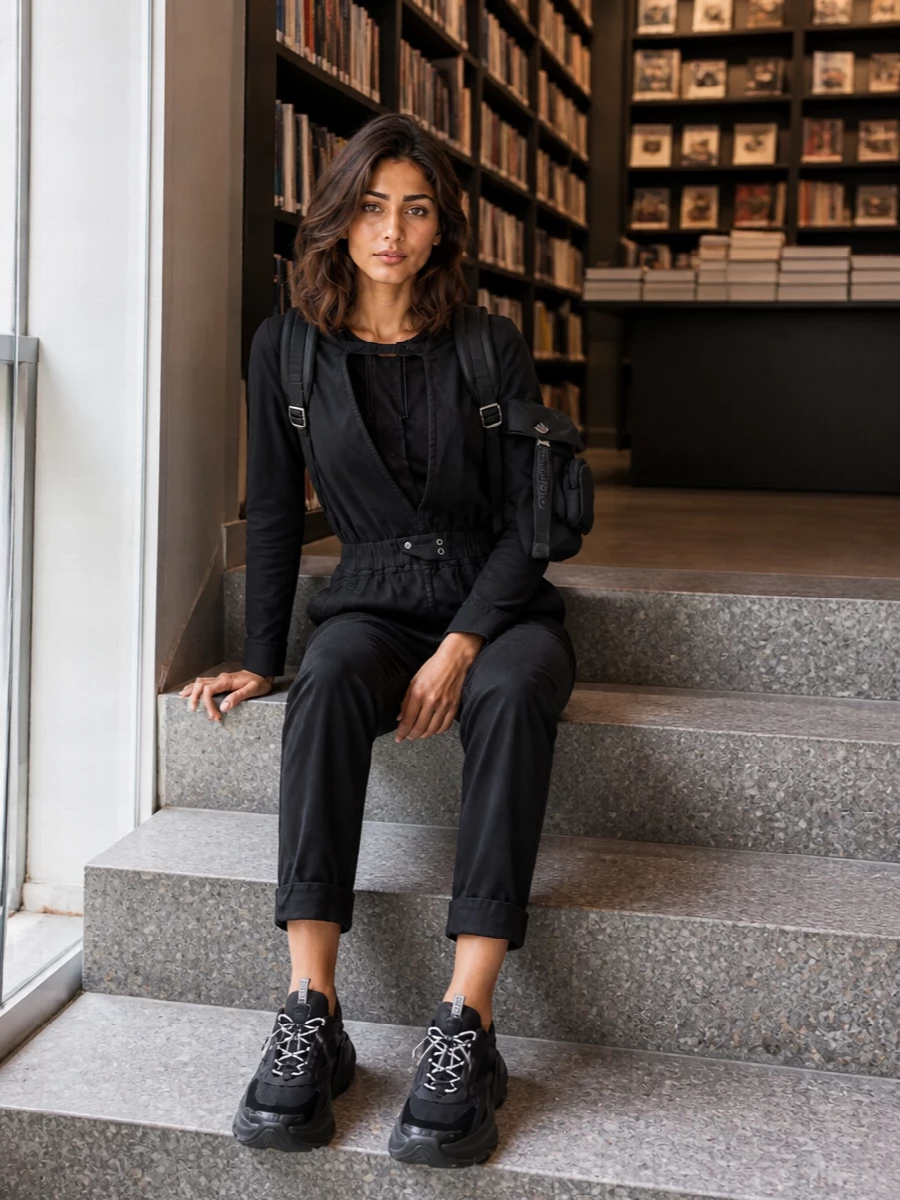 This outfit leans into a monochrome, technical mood: the black Rick Owens jumpsuit pairs with the Moncler backpack to create a streamlined, one-piece base that feels ready for long days in motion. Sculpted Fendi sneakers keep everything agile and city-proof while holding the line on quiet, high-end sport utility. Choosing the jumpsuit instead of separates keeps the silhouette clean and uninterrupted, letting the hardware and structure of the accessories do the talking.