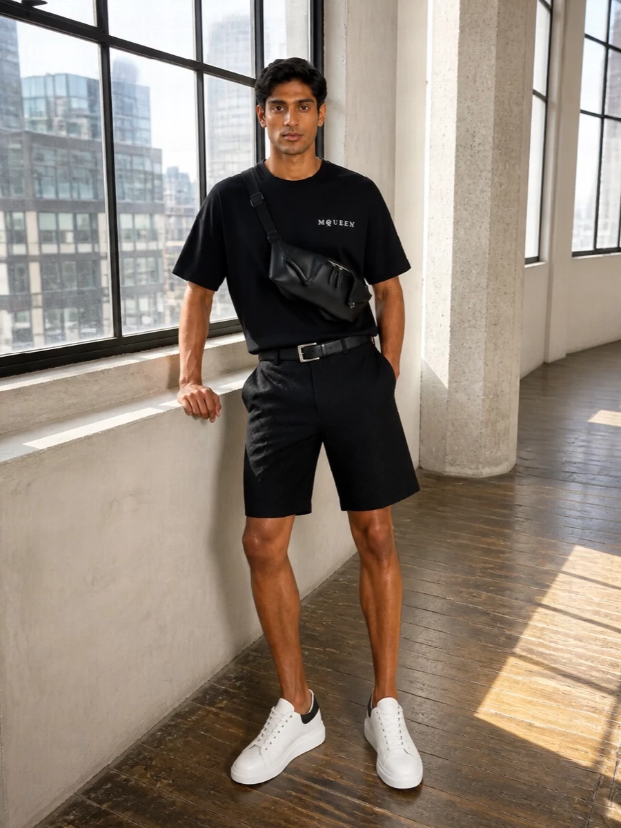 Alexander mcqueen black tee tailored shorts sneakers