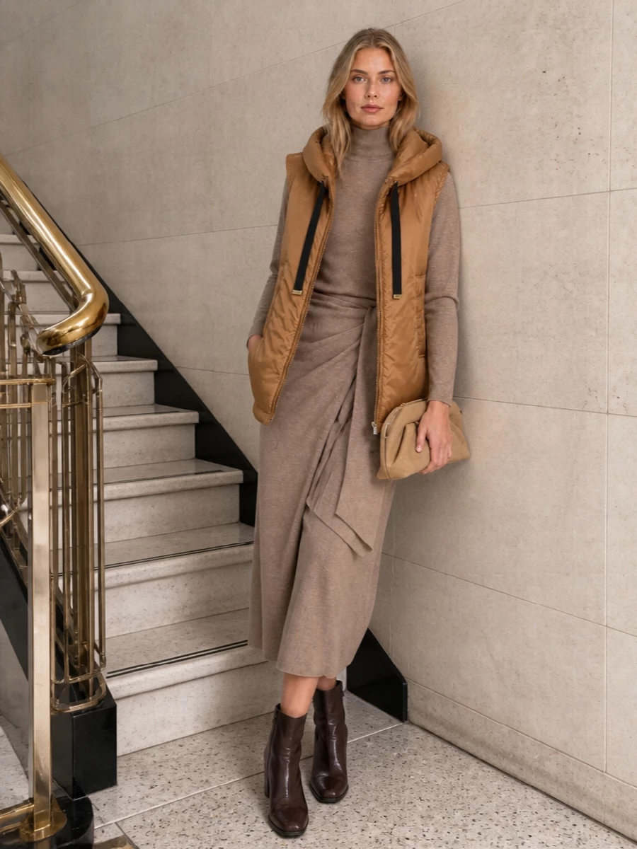 Max mara camel gilet knit wrap dress outfit