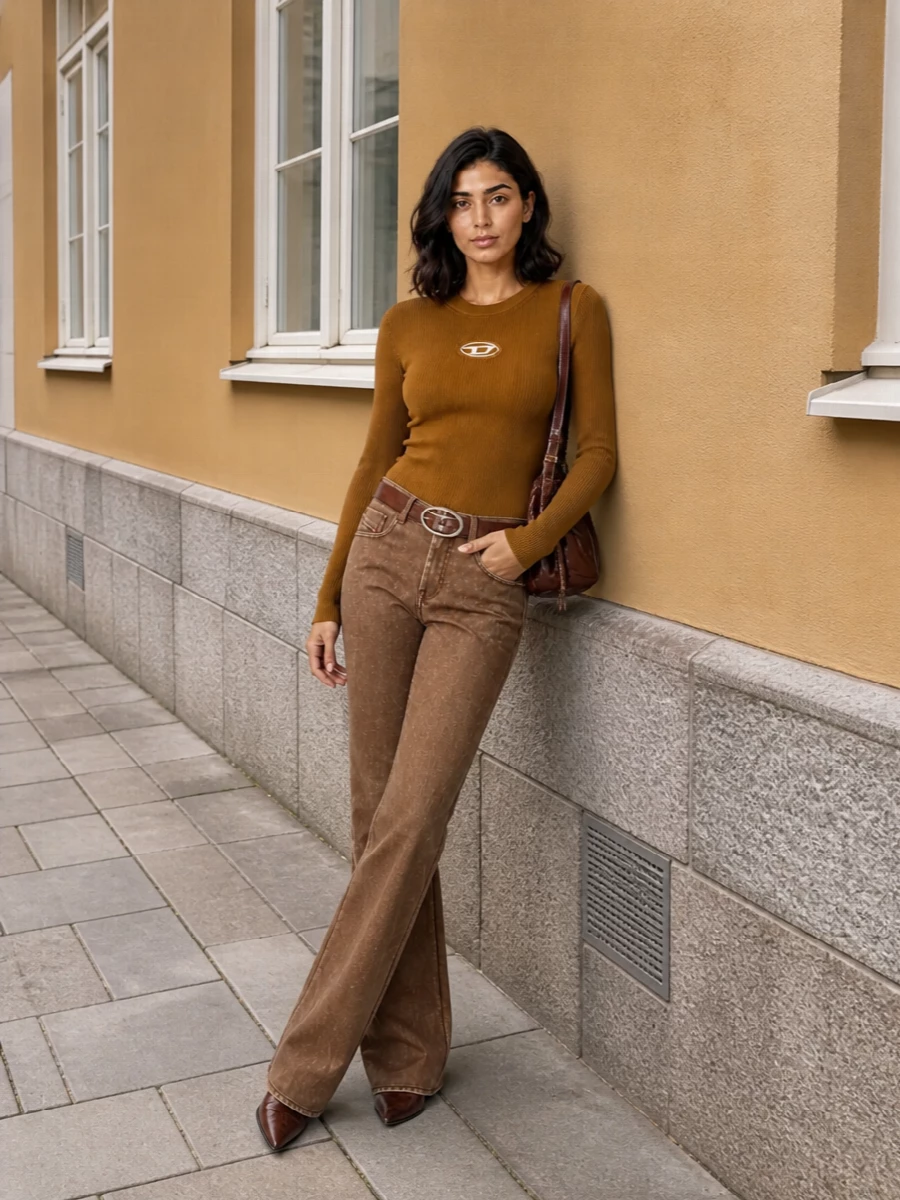 Diesel brown flared jeans camel knit western boots