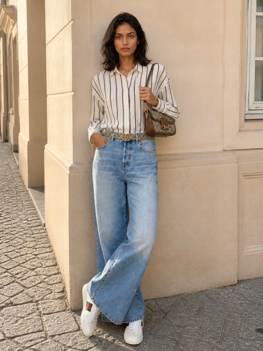 Sun-faded wide-leg denim pairs with a relaxed ivory-and-chocolate striped shirt for a soft 70s-inspired profile that still reads clean and modern. Off-white web-detailed sneakers keep it grounded and easy, while a compact GG baguette and slim monogram belt bring just enough heritage detail without overwhelming the simplicity. The result is polished weekend dressing that moves from coffee runs to casual dinners with quiet confidence.