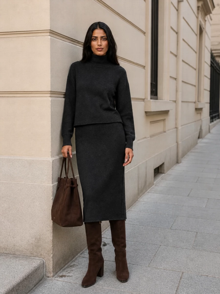 Opting for the knit dress over separates keeps the story clean and columnar, letting the Prada boots run seamlessly into a long charcoal line. The Givenchy dress brings cocooning ease with just enough structure, while the Alaïa tote quietly reinforces the rich brown-suede theme for a polished, winter-city ensemble. It is tailored without feeling strict, ideal for days that move from desk to dinner on a single, composed silhouette.
