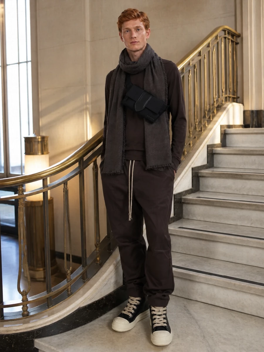 Rick owens brown trouser outfit high top sneakers