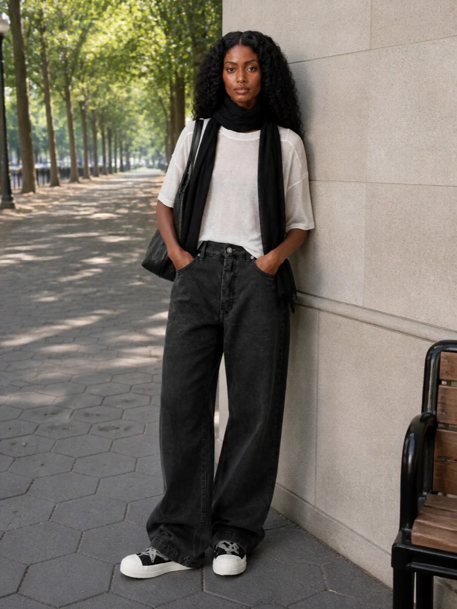 Rick owens drkshdw sheer tee wide leg jeans outfit