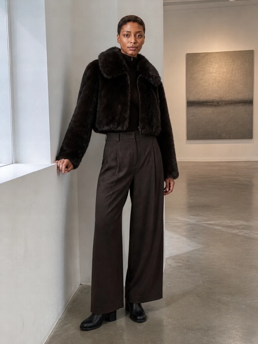 Frankie shop faux fur jacket brown wide leg trousers