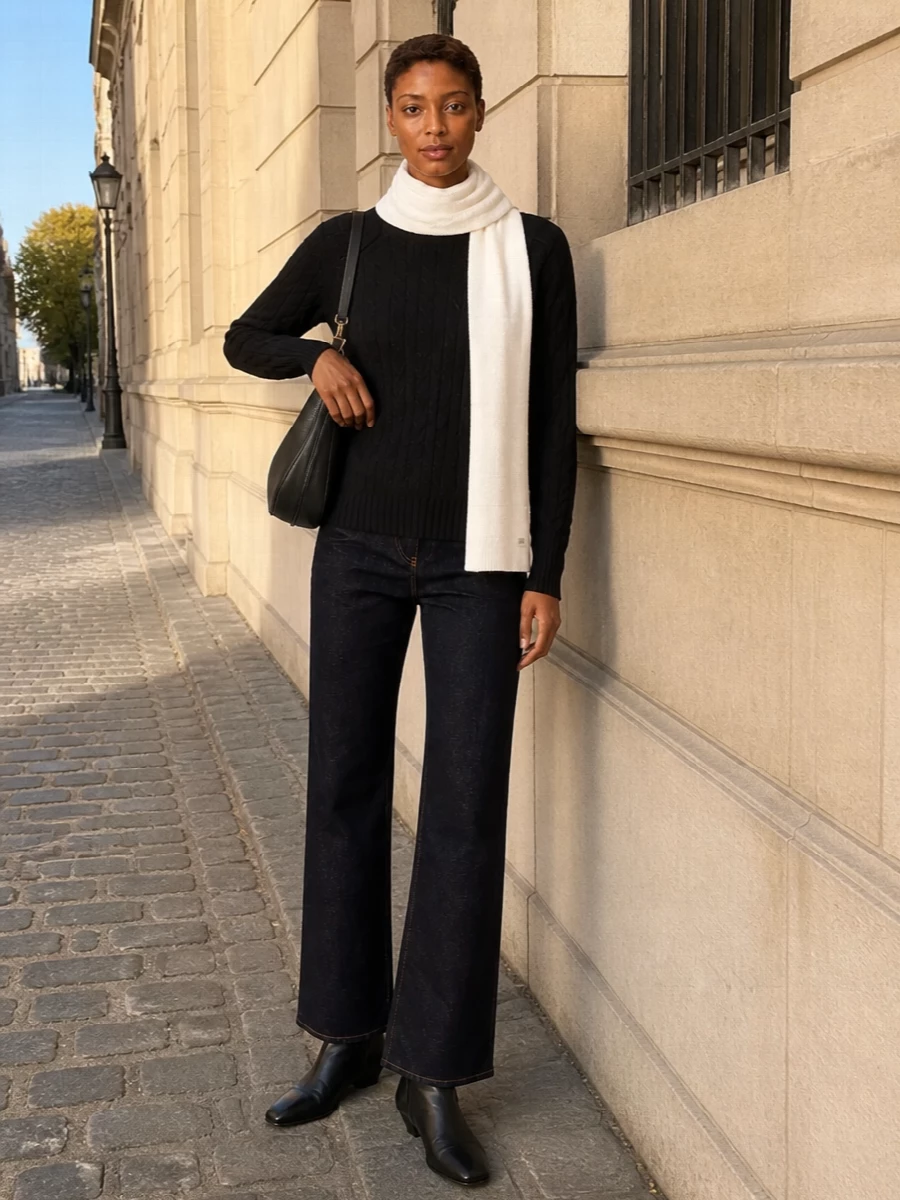 A black cable knit with dark indigo denim grounds the outfit in clean, understated lines that feel city-ready and polished. Sleek black ankle boots and a curved black cross-body keep the mood refined, while the ivory scarf adds just enough softness and light. It is a quietly confident combination for days that move from desk to low-key dinner without a change.