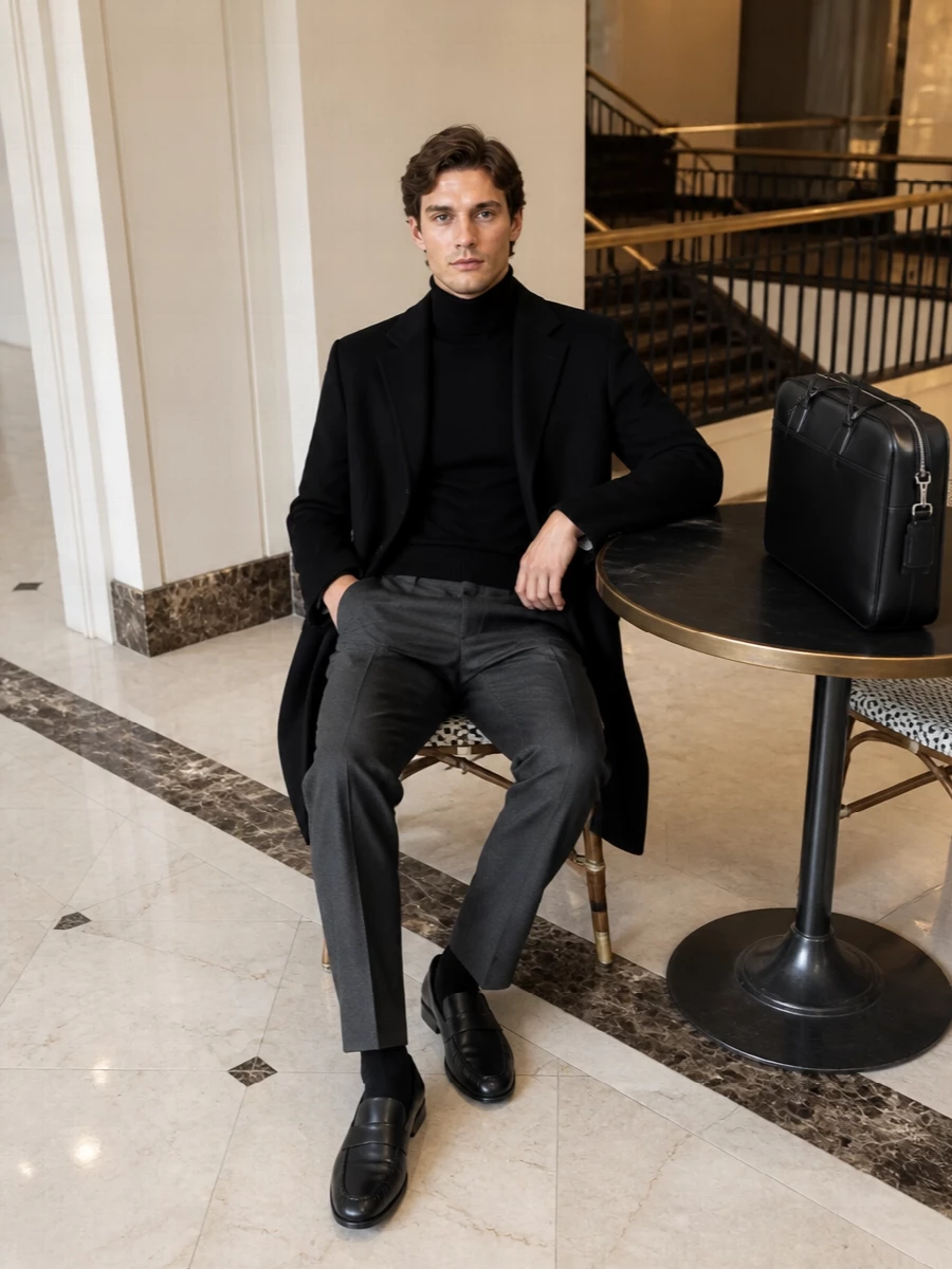 The row coat charcoal trousers black loafers