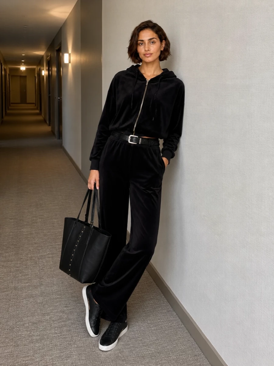 A cropped black hoodie meets fluid black track pants for a monochrome take on off-duty that feels sharp rather than slouchy. Black Golden Goose sneakers continue the dark base with just a hint of glitter at the heel, while a structured washed-black tote and a woven belt add subtle structure so the volume still reads intentional and clean.