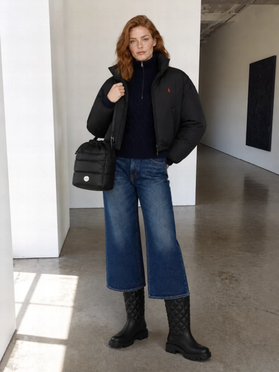 Polo ralph lauren puffer wide leg jeans outfit