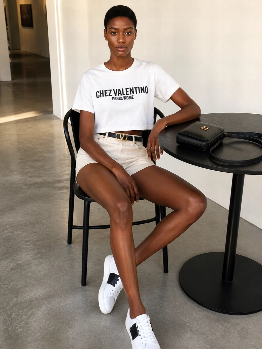 Valentino cropped logo tee ivory shorts sneakers