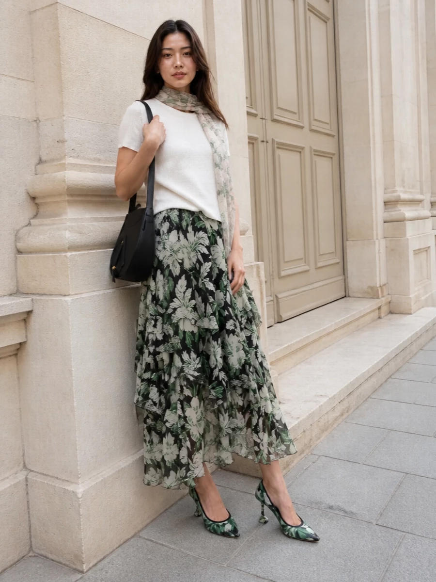 Loewe floral midi skirt white knit pumps outfit